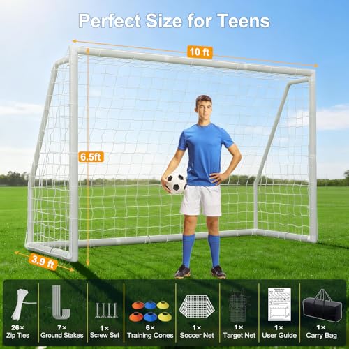 MOPHOTO Soccer Goal for Backyard, 6x4ft/8X6ft/10X6.5ft/12X6ft PVC Soccer Goal with Training Cones & Target Net, Lightweight Soccer Practice Net for Teens - size: 10x6.5ft, style: Foldable