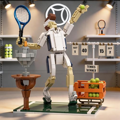 Tennis Champion Building Set for Adults – 482Pcs Kit with Metal Racket, 30 Mini Balls, Trophy & Scoreboard Stickers – Poseable Figure on Grass Court Model, Collectible Sports Diorama