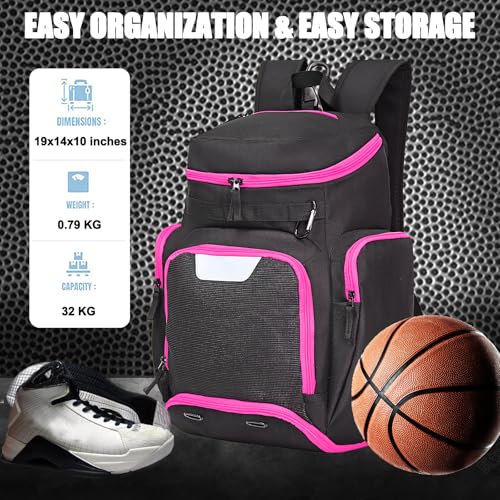 LARIPOP Basketball Backpack with Ball & Ventilated Shoe Compartment Insulated Pockets for Men Youth Training - color: Rose Red
