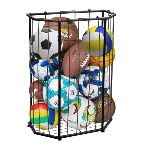 Garage Ball Storage Holder,Elastic Cord Design Can Floor-Standing & Wall-Mounted Use,Used for Basketball,Footbal,Volleyball,Rugby,Home or Outdoors Sports Equipment Storage Ball Rack。(Black)