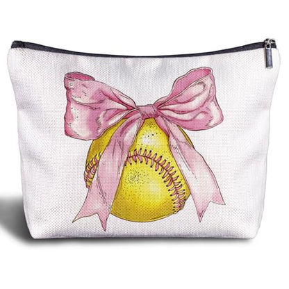 Softball Bow Makeup Bag - Softball Gifts for Women Softball Lovers Softball Mom Team, Softball Accessories for Girls, Pink Bow Softball Stuff for Women