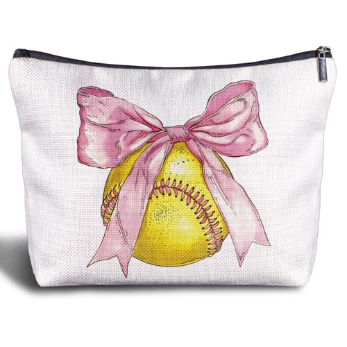 Softball Bow Makeup Bag - Softball Gifts for Women Softball Lovers Softball Mom Team, Softball Accessories for Girls, Pink Bow Softball Stuff for Women