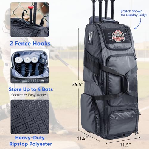 Large Rolling Baseball Catchers Gear Bag with Wheels, Softball Bag with Hard Backing for 4 Bats,Equipment Bag with Separate Shoe & Helmet Compartments, Youth Baseball Bag with 360° Spinner Wheels - color: Black, size: Style B - Heavy-Duty Rolling Base
