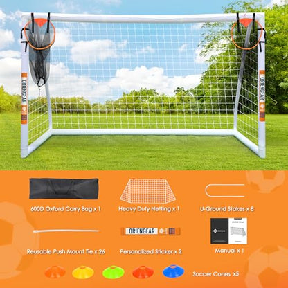 ORIENGEAR Soccer Goal, 12x6/10x6.5/8x6/6x4 Full Size Soccer Goals for Backyard, Soccer Net with Training Discs, Portable Soccer Goal for Kids and Adults with 1 Carry Bag, Porterias De Futbol - size: 10'x6.5' with target