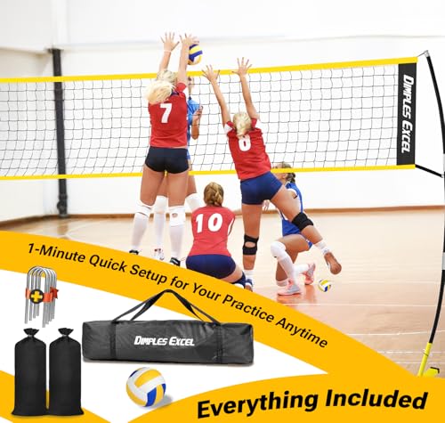 Dimples Excel 12x8 FT Professional Portable Volleyball Net Set with 4 Adjustable Height Levels (5.05–8 FT), Includes Volleyball, Pump, Carry Bag and Sandbags for Indoor/Outdoor Training