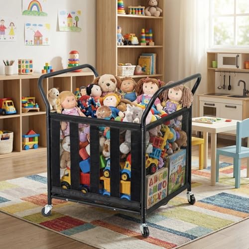 MyGift Mesh Fabric Multi Sports Ball Storage Rolling Cart with Matte Black Metal Frame, and Angled Handles, Garage, Gym or Playground Basketball, Soccer Ball Cage Equipment Basket with Caster Wheels