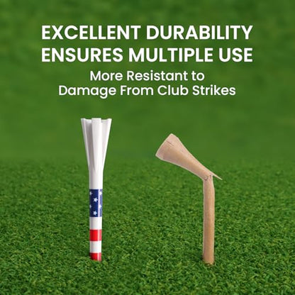 VEASAERS Golf Tees Plastic 30 USA Flag Long Tees 3 1/4 Inch and 20 More Short Tees 1 1/2 Inch Value Pack Gift Set American 5-Prong Tall Tee Unbreakable Easy to Find for Driving Range