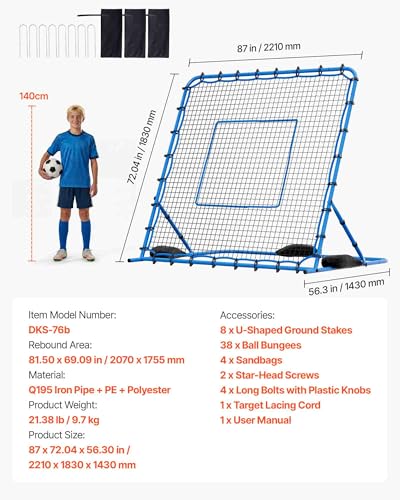 VEVOR Soccer Rebounder Net, Quick-Switch Angle Soccer Goal Rebounder for Control, Passing Practice, Heavy-Duty Iron Frame & PE Net, Easy Setup Ball Training Equipment for Teens&Adults - size: 7x6FT
