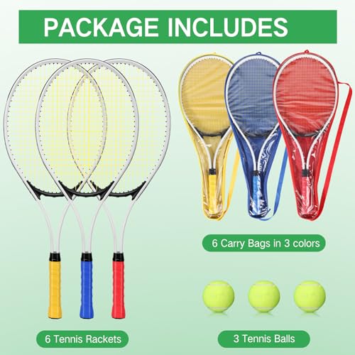 6 Pcs Tennis Rackets for Adult Recreational 6 Players 27'' Tennis Racket Set with 3 Balls Lightweight Tennis Rackets for Tennis Training Beginner with Overgrip and Bag