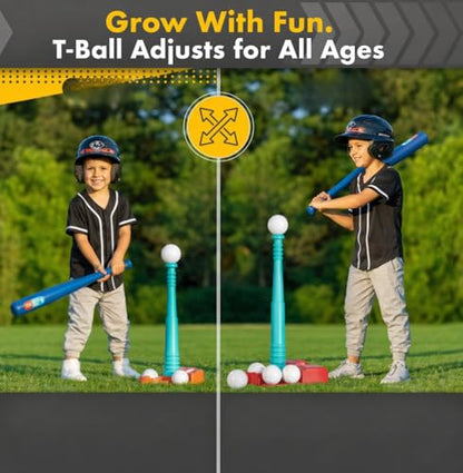 T Ball Stand for Kids and Toddlers 3-5, 5-8. Baseball Set Includes 6 Large Balls, an Adjustable Tball Batting Tee, and a Storage Net. Kids Bat & Teeball, T-Ball Sets for Kids