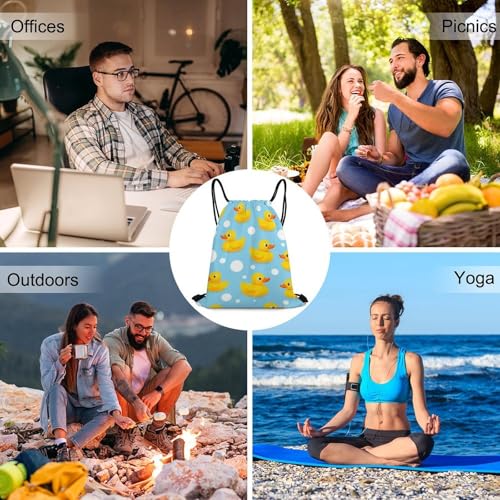 Gym Drawstring Bag Sports Sackpack Waterproof String Backpack with Shoe Compartment for Hiking Swimming Training, Cute Funny Yellow Rubber Ducks And Bubbles Blue Bags - color: Picture (748)