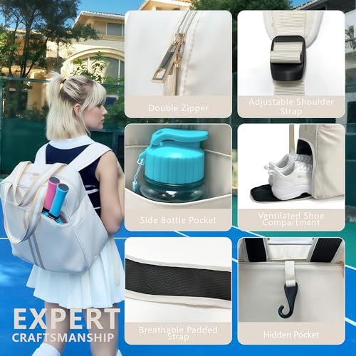 Pickleball Bag for Women Men, Large Pickleball Backpack with Shoe Compartment, Pickle Ball Bag with Paddle Cover Pocket Holds 2 Paddles - color: Ivory