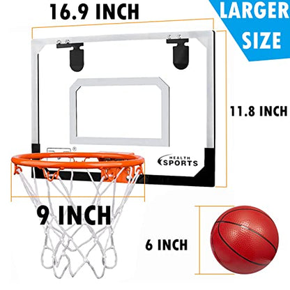 Larger Indoor Basketball Hoop with 9" Large Dunk Rim for Kids and Adults, Over The Door Basketball Hoop for Bedroom with 3 Rubber Small 6" Basketball Sport Toy Gifts - style: Shatterproof