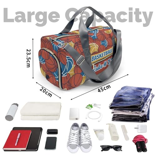 Basketball Pattern Orange Brown Waterproof Duffel Bag Adjustable Shoulder Strap Perform Training Travel Bag for Teens Adults