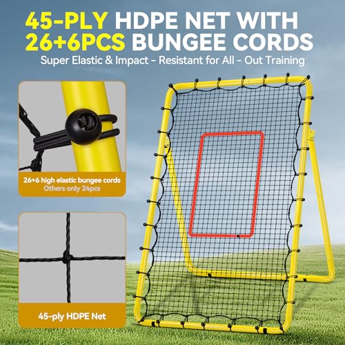 6-Angle Adjustable Volleyball Rebounder Net 7x4ft, High Stable Bounce Back Training Equipment for Practicing Volleying Bumping Spiking with High-Tension Net, PU Volleyball and Pump, Stakes - color: Yellow