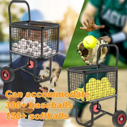 Sports Ball Cart with Wheels - Holds 300 Baseballs or 150 Softballs, Equipment Storage for Caddy Large Capacity - Durable Steel Frame & Anti-Puncture Tires for Gym School Club Indoor Outdoor Training
