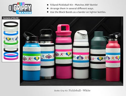 Pickleball Water Bottle Grip Kit - WHITE: Regular - 9 Bands for Superior Grip, Style, & Protection.
