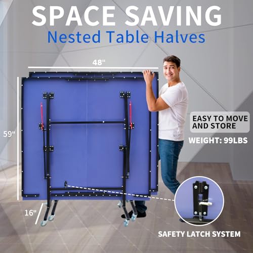 Professional Table Tennis Table, Foldable Ping Pong Game Set for Indoor, 8FT 9FT Single Player Playback Mode Ping Pong Table with Net and Post Set, 2 Paddles and 3 Balls (Blue-8x4FT-Thicker Legs)
