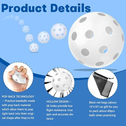 Coopay 20/40 Pack Practice Baseball Softball Plastic Training Balls Lightweight Hollow Limited Flight Softballs for Hitting, Pitching,Batting Training Indoor Outdoor Use - color: White, style: 40 Pack