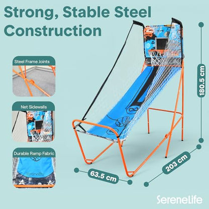 SereneLife Dual Shot Basketball Arcade Game with Electronic Scorer, 8 Game Modes, Indoor Outdoor 2 Player Basketball Shooting Game, Foldable Arcade Set with 5 Balls and Pump - style: Single Hoop