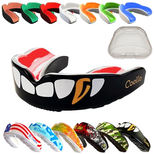 Boil and Bite Mouth Guard (Youth & Adult) Custom Fit Sport Mouthpiece for Football, Hockey, Rugby, Lacrosse,Boxing,MMA(Free Case Included) - color: Cool Golden Fangs, size: Adult -Ages 11 & Above
