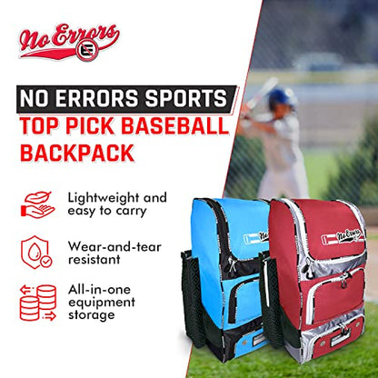 No Errors Top Pick Baseball Backpack for Kids - Heavy Duty Youth Baseball and Softball Bag with Fence Hooks - Dual Glove and Bat Compartments - color: Red