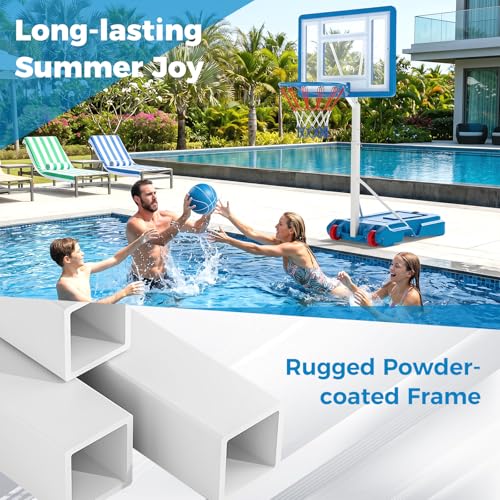 GYMAX Pool Basketball Hoop, Stainless Steel Adjustable 32" Portable Basketball Hoop for Pool with Fillable Base, Shatterproof Backboard, Basketball & Pump Included