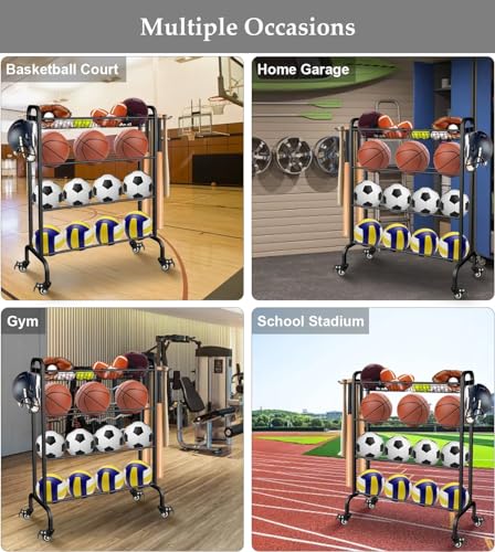 Ball Rack Organizer with Wheels, 4Tier-Rolling Basketball Racks Holder for Balls, Sports Equipment Storage Stand Organizer for Basketball, Football, Soccer and Volleyball, Black