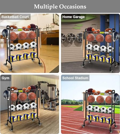 Ball Rack Organizer with Wheels, 4Tier-Rolling Basketball Racks Holder for Balls, Sports Equipment Storage Stand Organizer for Basketball, Football, Soccer and Volleyball, Black