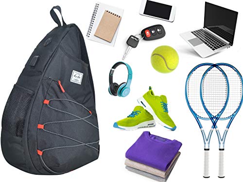 Tennis Bag for Men Women, Racquetball Pickleball Paddle Squash Sling Bags Crossbody Sports Backpack Adult with USB Charge Port - color: Black