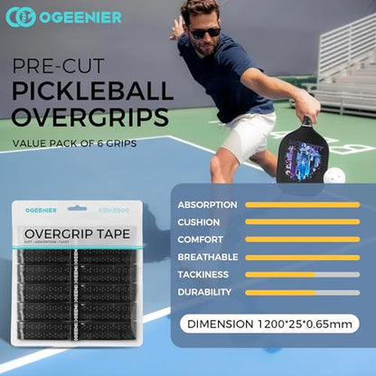 Pickleball Paddle Grips, Pack of 6, Non-Slip & Moisture Wicking Overgrip Tape for Pickleball Paddles - color: Black