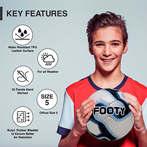 Footy - Size 5 Leather Soccer Ball with Pump - Professional Youth Training Ball - color: Blue