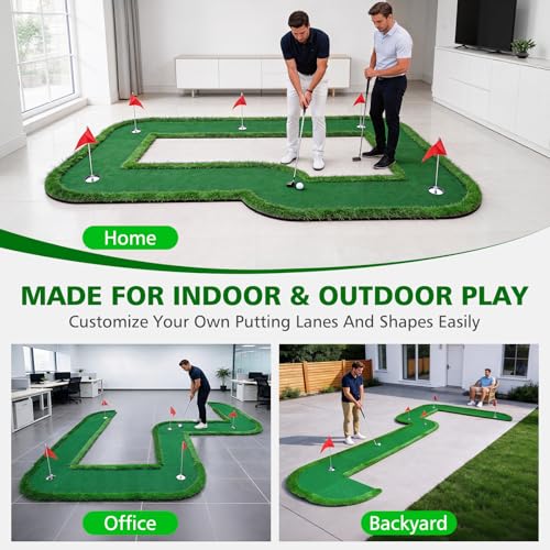 Modular Interlocking Golf Putting Green, 5 x 9.5 ft Golf Practice Putting Mat Professional Golf Training Mat with 5 Flags 3 Movable Cups 6 Golf Balls, for Indoor Outdoor Backyard Home Office
