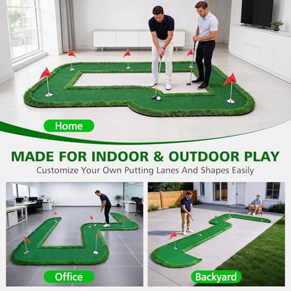 Modular Interlocking Golf Putting Green, 5 x 9.5 ft Golf Practice Putting Mat Professional Golf Training Mat with 5 Flags 3 Movable Cups 6 Golf Balls, for Indoor Outdoor Backyard Home Office