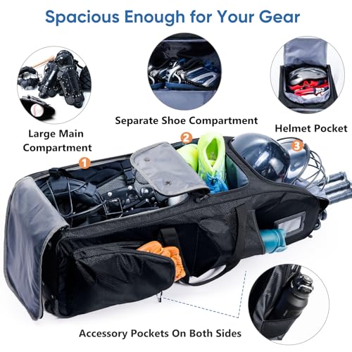 Rolling Baseball Bat Bag with Wheels, Large Capacity Gear Bag Holds 4 Bats, Reinforced Hard Base & Structured Back Panel, Top & Bottom Grab Handles, Shoe & Helmet Compartments for Youth &Adult Players - color: Black
