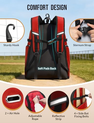 Baseball Backpack for Adult Large Capacity Softball Bat Bag with Shoe Compartment & Wet Pocket Baseball Bag with Fence Hook for 4 Bats & Equipment