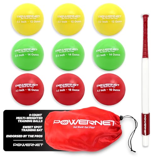 PowerNet Sweet Spot Training Bat + 3.2"" Progressive Softball Training Balls for Hitting & Pitching, 9 Pack Weighted Balls & Weighted Bat, Improve Hand-Eye Coordination & Power - size: 27" (24 oz) Bat + 3.2" Balls LITE 9 Pk