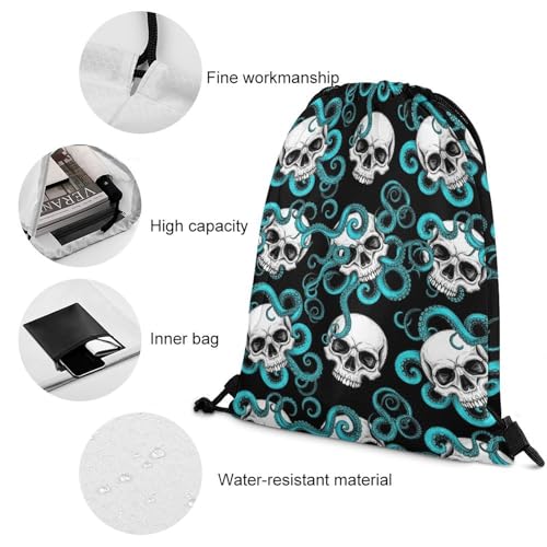 Drawstring Backpack Gym Sackpack Lightweight Waterproof String Bag for Sports Travel Yoga Beach Swimming, Men Women Unisex, Blue Octopus Kraken Sugar Skull Bags - color: Picture (625)