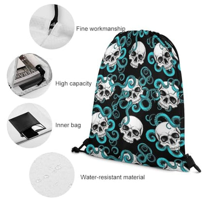Drawstring Backpack Gym Sackpack Lightweight Waterproof String Bag for Sports Travel Yoga Beach Swimming, Men Women Unisex, Blue Octopus Kraken Sugar Skull Bags - color: Picture (625)