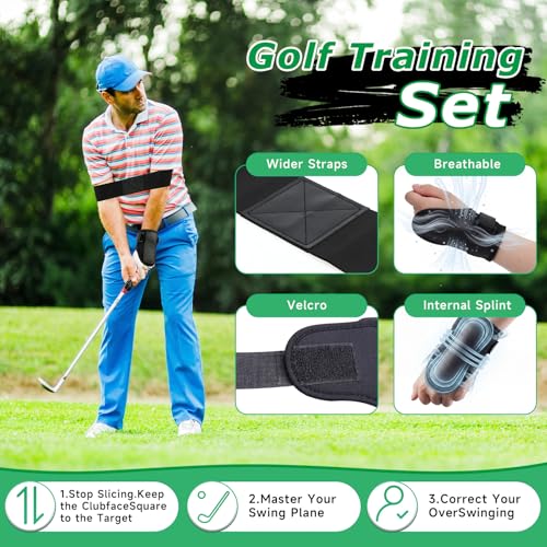Hoteam 3-in-1 Golf Training Aid Set, Golf Wrist Strap, Swing Arm Band Correction & Grip Trainer, Swing Training Equipment, Improve Muscle Memory and Posture for Beginner Golfer Practice Tool
