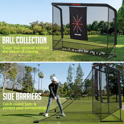Zealfeel Golf Net, 10x7ft/8x8ft/11x8ft Golf Enclosure Net with Side Barriers/Auto-Ball Return, Low-Noise Target, Carry Bag, 4 Stakes, Hitting Practice Net for Backyard Driving Chipping Indoor Outdoor