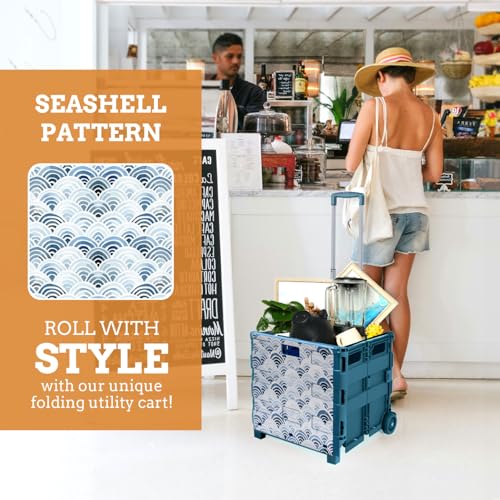 Inspired Living Ultra-Slim Rolling Collapsible Storage Pack-N-Roll Utility-carts, with Telescopic Handle, for Home, Garden, Shopping, Office, School use, Large, Blue, Wave Print