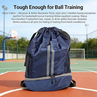 Outdoor Men Football Basketball Bag Gym Swimming Drawstring Bags Women Waterproof Oxford Backpack (Navy Blue) - color: Navy Blue