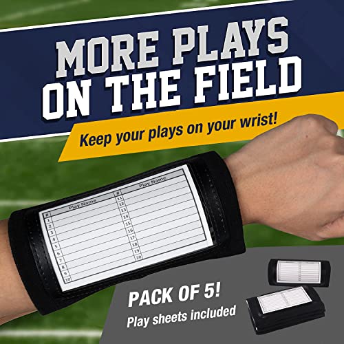 Quarterback (QB) Play Single Window Wristband - Adult Size - Pro Football Armband Playbook - 5 Pack (Black)