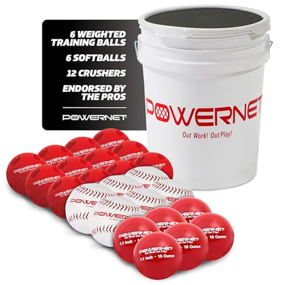 PowerNet Recreation Softball Bundle, Crusher Training Balls, Weighted Softballs and Padded Bucket, Pitching & Batting Practice Equipment (12 Softballs, 12 Crushers & 6 Weighted Balls)