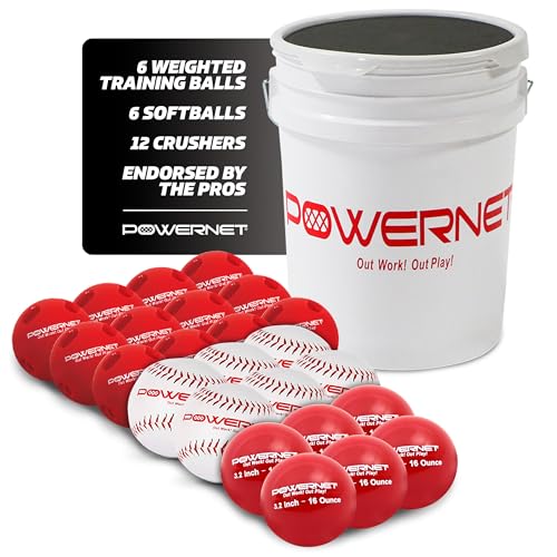PowerNet Recreation Softball Bundle, Crusher Training Balls, Weighted Softballs and Padded Bucket, Pitching & Batting Practice Equipment (12 Softballs, 12 Crushers & 6 Weighted Balls)