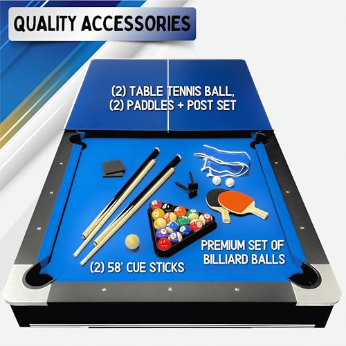 Freetime Fun 7 ft Multi-Game Table. Billiards, Table Tennis and Handy Serving Table. Get Two Great Games on This Stylish, Solid Table, for The Price of One! All Game Accessories Included.