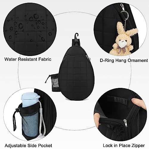 Rejolly Tennis Racket Sling Bag for Women Men Quilted Water Resistant Racquet Cover One Shoulder Crossbody Bag for 2 Tennis Rackets, Pickleball Paddles, Badminton Racquet - color: New Black