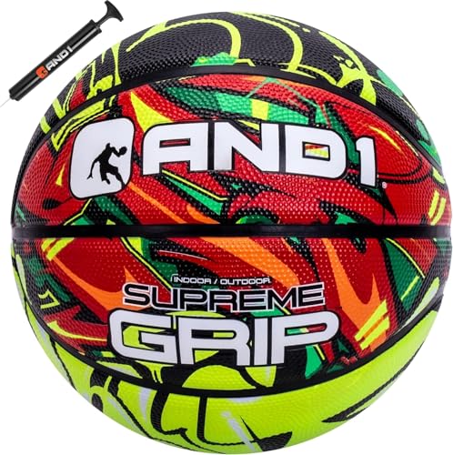 AND1 Supreme Grip Official Regulation Size 7 (29.5 inches) Rubber Basketball - Deep Channel Construction Streetball, Made for Indoor Outdoor Games - color: Volt/Red