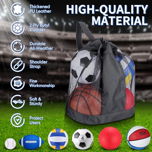 Realspring 6 Pcs Kids Sport Ball Set Includes Official Size Soccer, Basketball, Football, Volleyball, Playground Ball, Baseball with Bag & Pump Back to School Gift for Teens Outdoor Sport Play